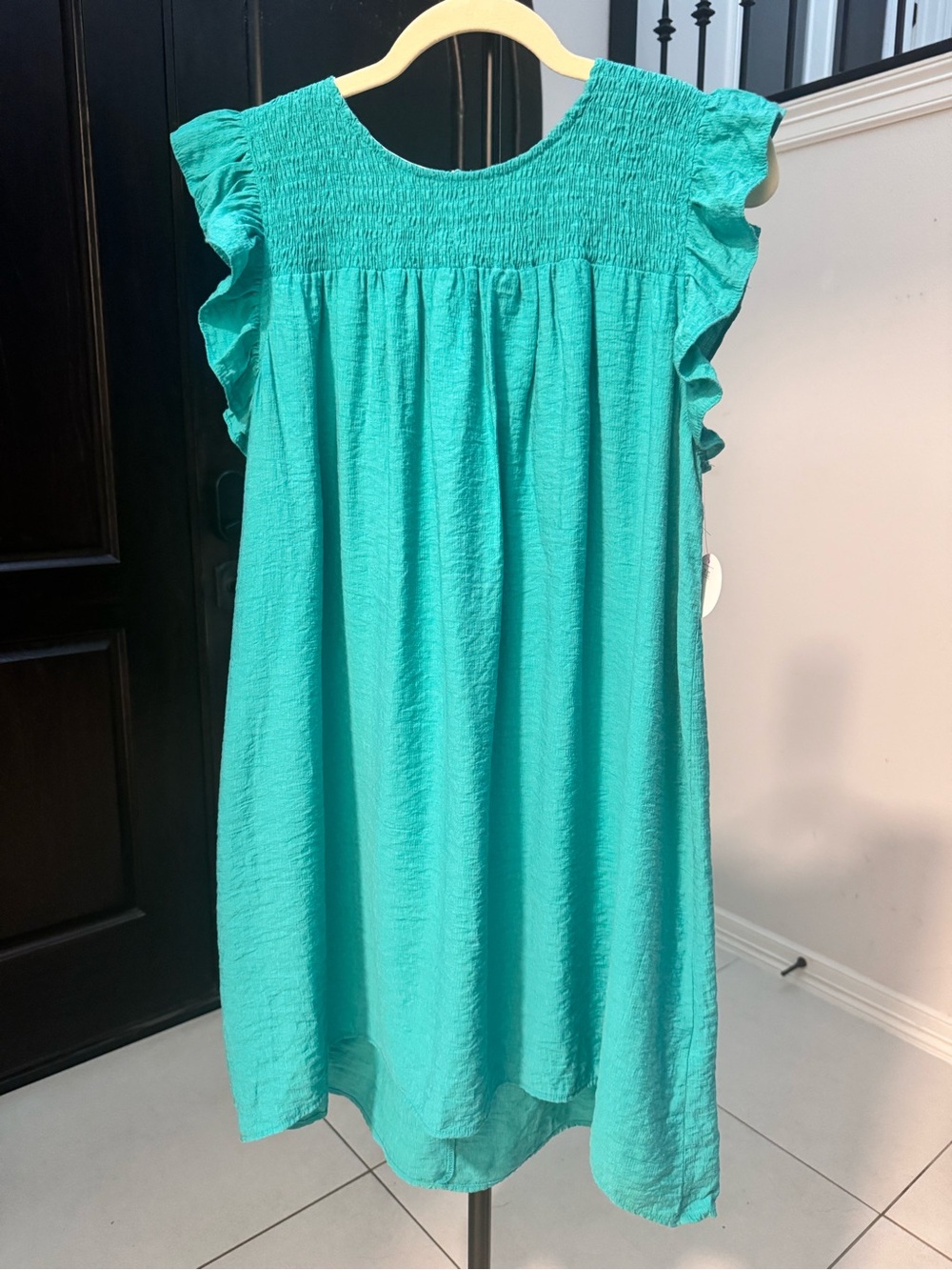 Umgee Teal Smocked Yoke Flutter Sleeve Dress